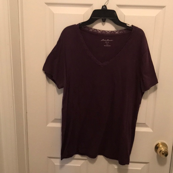 Plum colored Eddie Bauer Tee with lace v-neck - Picture 1 of 4